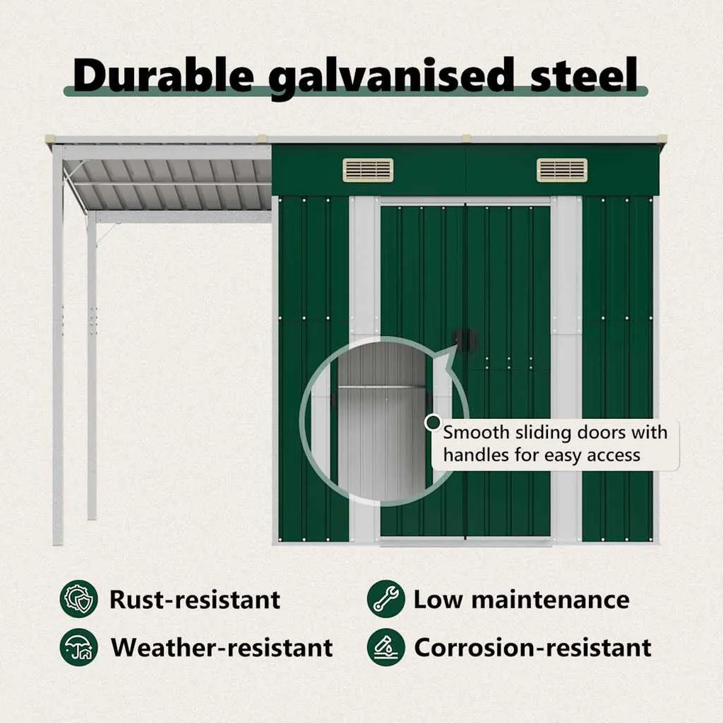 zöld kerti fészer meghosszabbított tetővel 277x107x181 cm