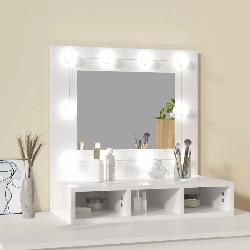 magasfényű fehér tükrös szekrény LED-ekkel 60 x 31,5 x 62 cm
