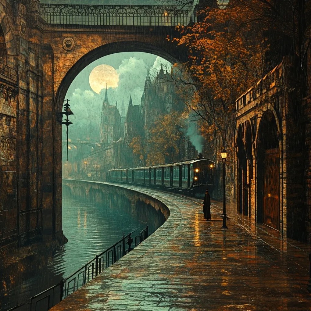 Vászonkép Canvas Város Éjszaka Hold Vasút Vonat Ősz Zápor 80x80