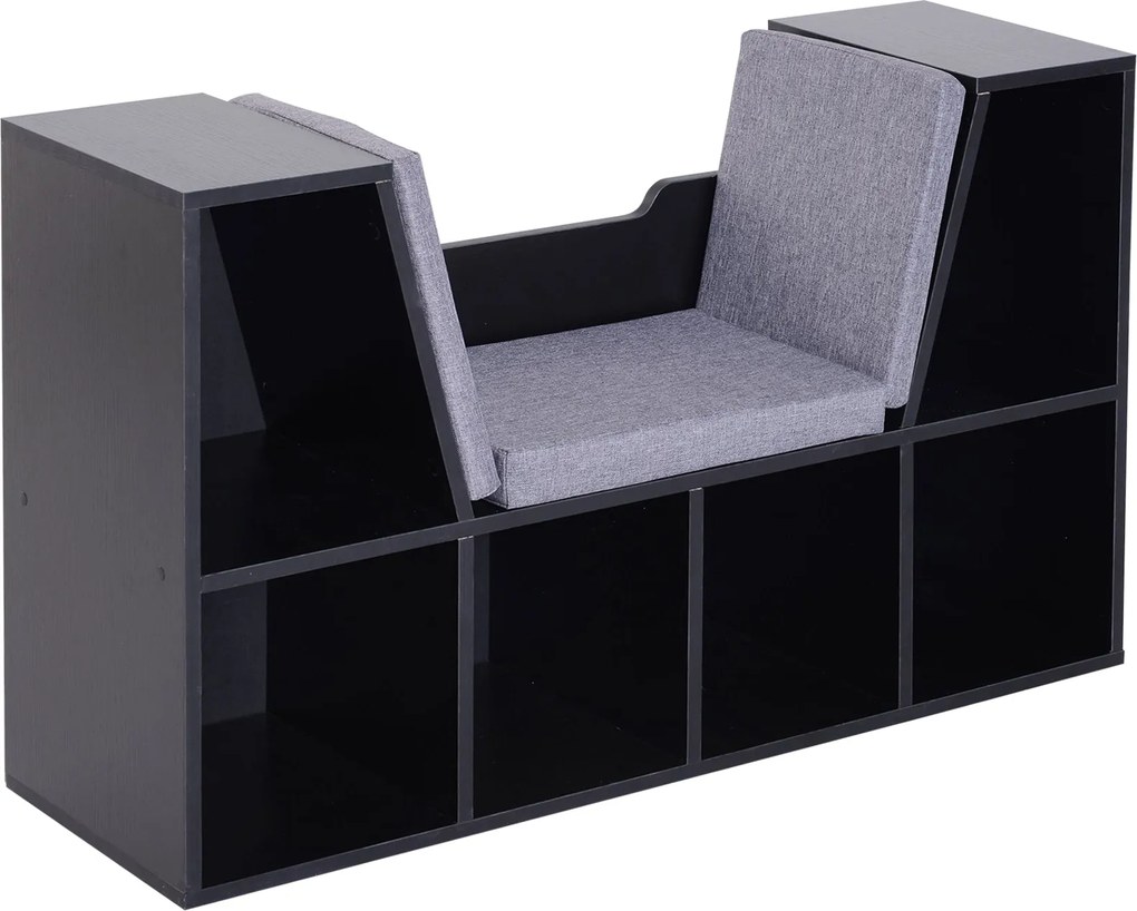 HOMCOM Modern Stílusú 2 az 1-ben Könyvszekrény Pad 6 Rekesszel és 3 Párnával 102L x 30W x 61H cm Fekete Szürke | Aosom