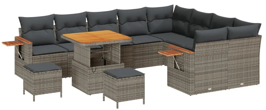 12 Darabos Kerti Szófa Szett Párnákkal Szürke Poly Rattan Akác, 3 Darabos Kerti Étkező Szett Párnákkal Szürke Poly Rattan Akác
