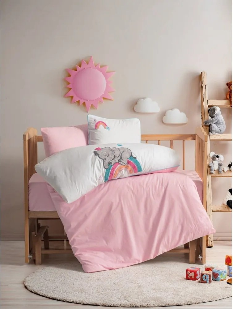 Fehér-rózsaszín négyrészes pamut gyerek ágyneműhuzat babaágyhoz lepedővel 100x150 cm Lucky – Mijolnir