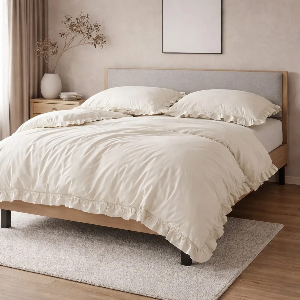 Pamut ágyneműhuzat fodros krémszínű 200x140cm+90x70cm TiaHome