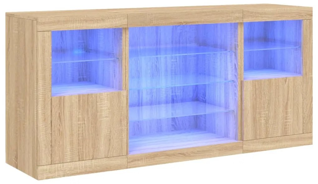 sonoma tölgy színű tálalószekrény LED-ekkel 142,5 x 37 x 67 cm