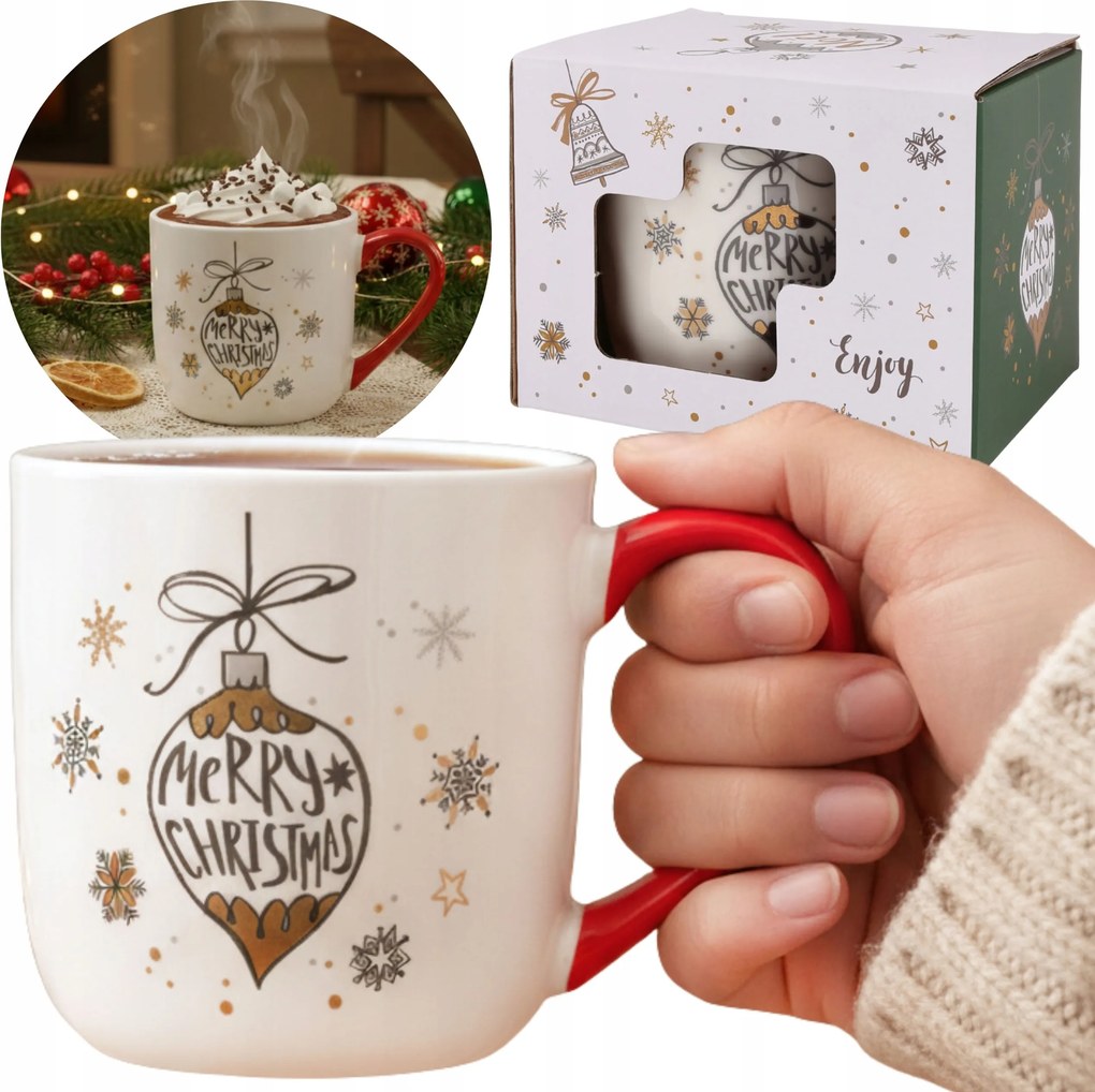 Karácsonyi porcelán bögre gömb füllel, Ajándékba Csomagolva 320 ml