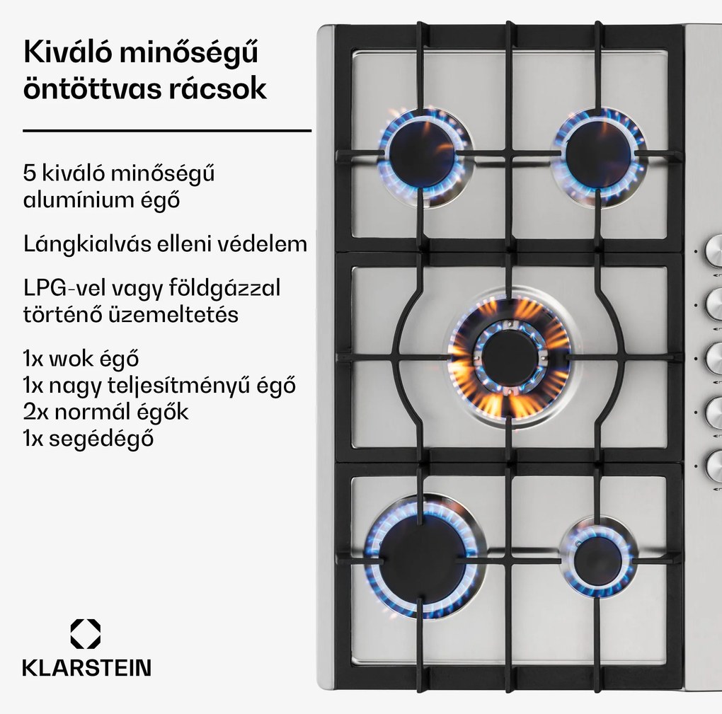 Klarstein Ignito 5, gázfőzőlap, 5 Sabaf égő, rozsdamentes acél, ezüst