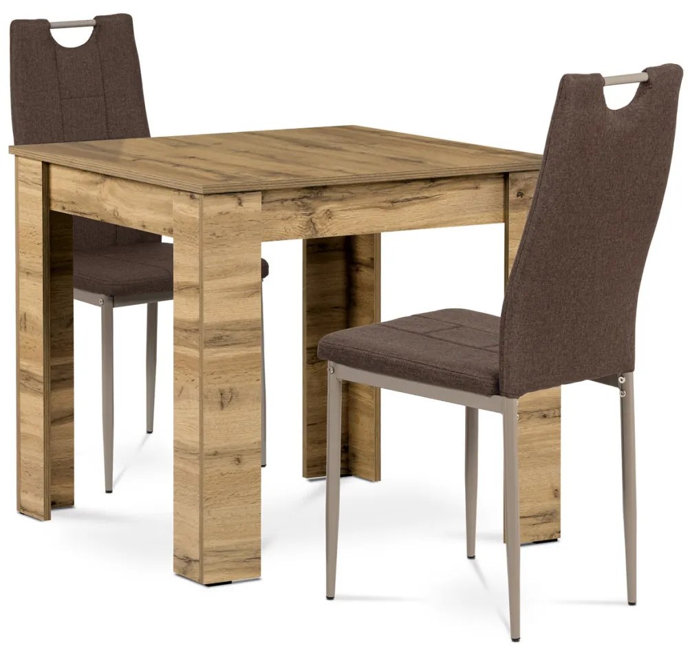 Set de sufragerie 1+2, masă 80x80 cm, MDF stejar wotan, scaune cu tapițerie din material maro