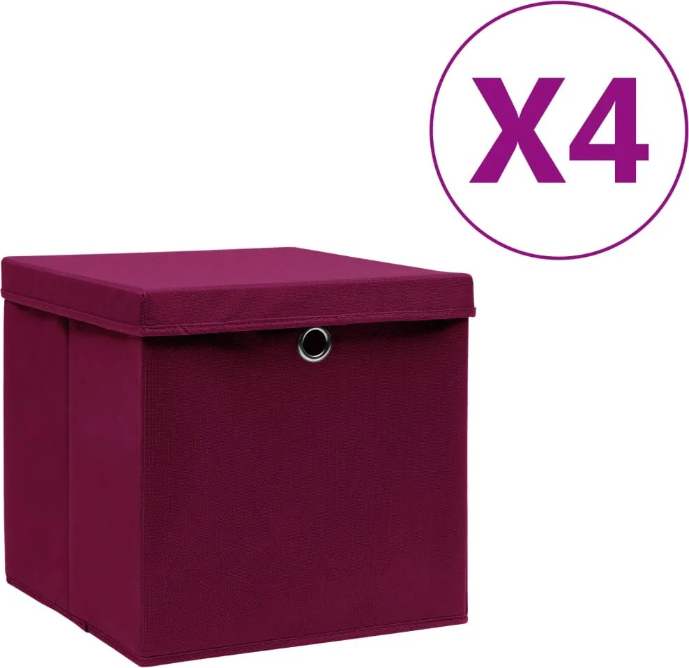 vidaXL 4 db sötétpiros fedeles tárolódoboz 28 x 28 x 28 cm