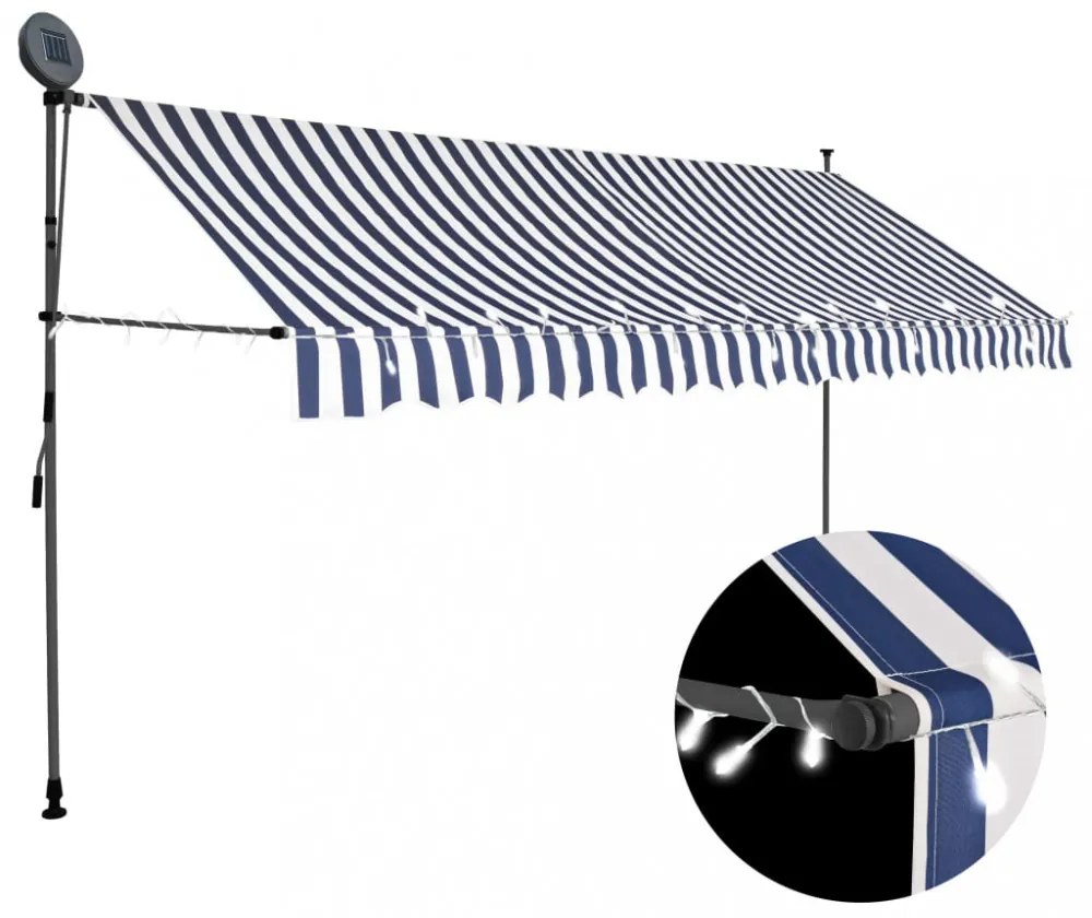 kék és fehér kézzel kihúzható LED-es napellenző 350 cm
