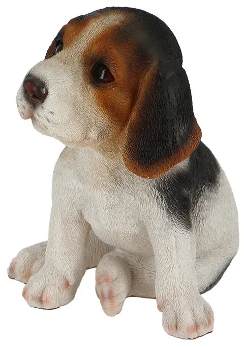 Beagle kiskutya polyresin szobor, fekete foltos, kültéri és beltéri dekorációs kiegészítő