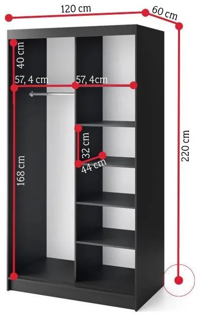 PRESCO 2 tolóajtós ruhásszekrény, 120x220x60, fekete