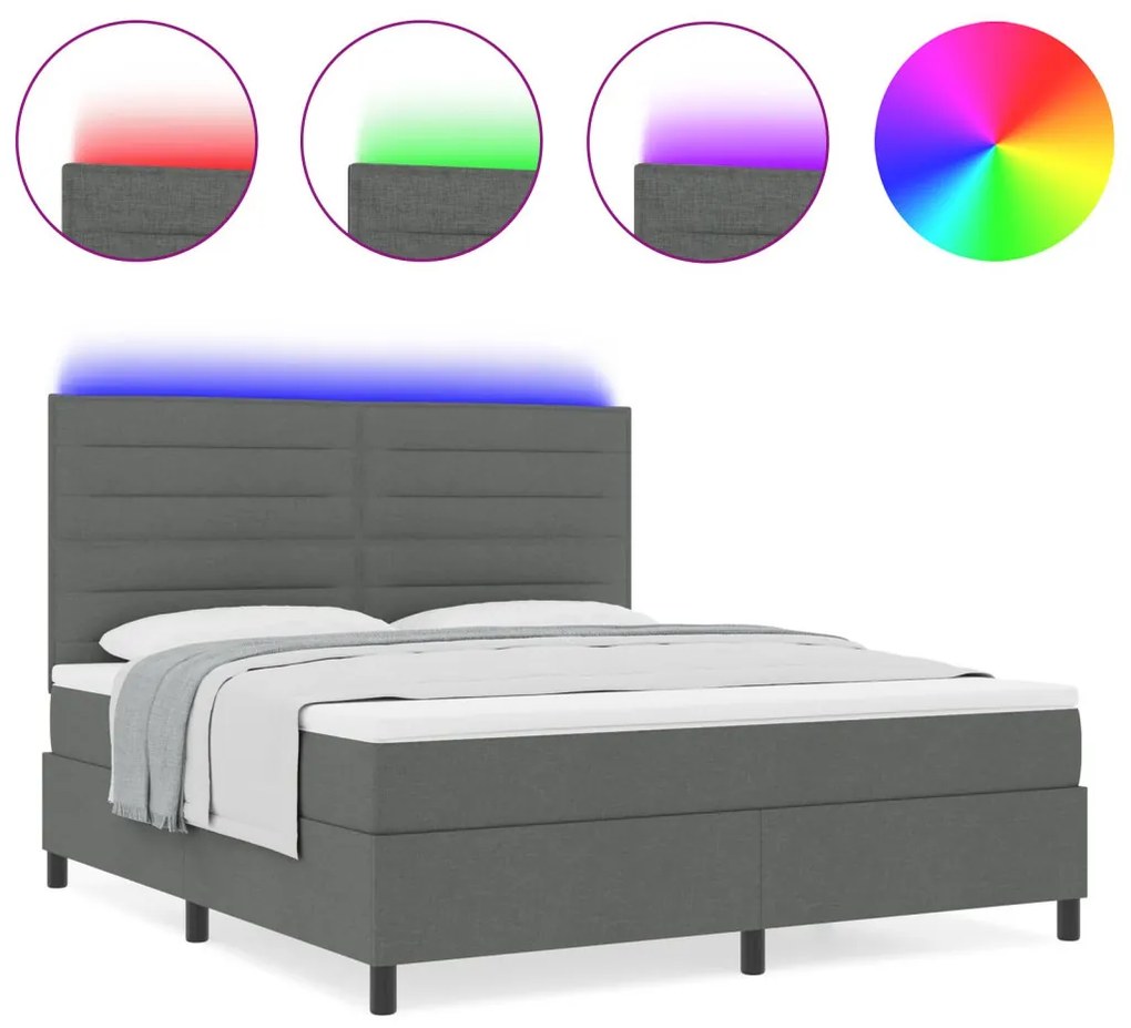 vidaXL rugós ágy matraccal és LED világítással, sötétszürke, 140 x 200 cm, szövet