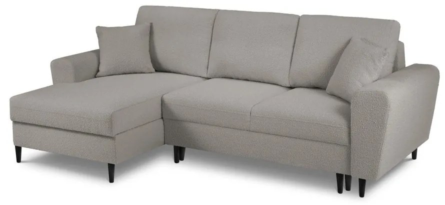 Világosszürke buklé kinyitható tárolóhelyes sarokkanapé (bal oldali-heverő résszel) Kyoto – Cosmopolitan Design