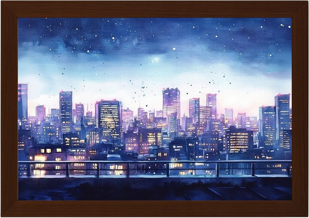 Poszter Keret Fa Kilátás Város Panoráma Felhőkarcolók Terasz Este 60x40