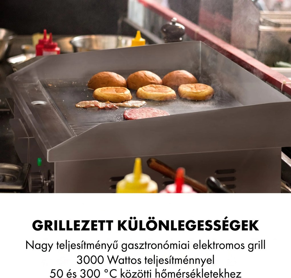 Klarstein Grillmeile 3000GR, elektromos grill, 3000 W, grill lap, 54,5 x 35 cm, sima/bordás