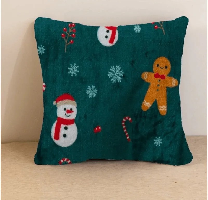 SNOWMAN AND GINGERBREAD mikroplüss párnahuzat 45x45 cm, zöld