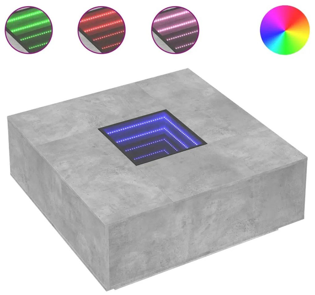 Betonszürke végtelen hatású LED-es dohányzóasztal 100x100x40 cm