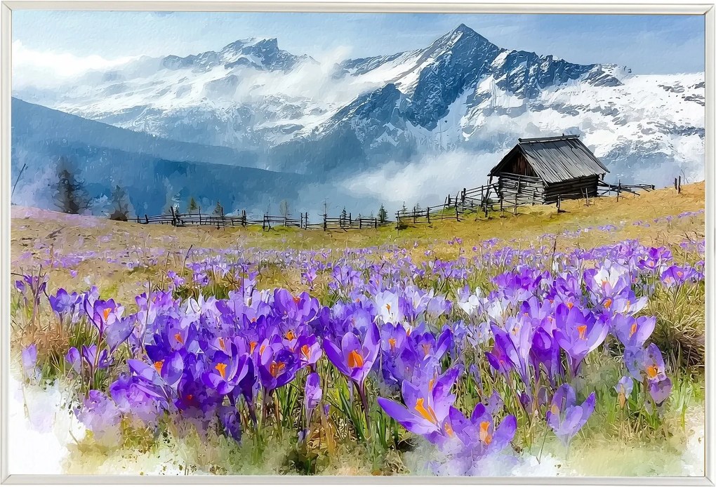 Poszter Keret Alumínium Krokodilok Hegyek Kunyhó Tisztás Tavasz Tájkép 60x40