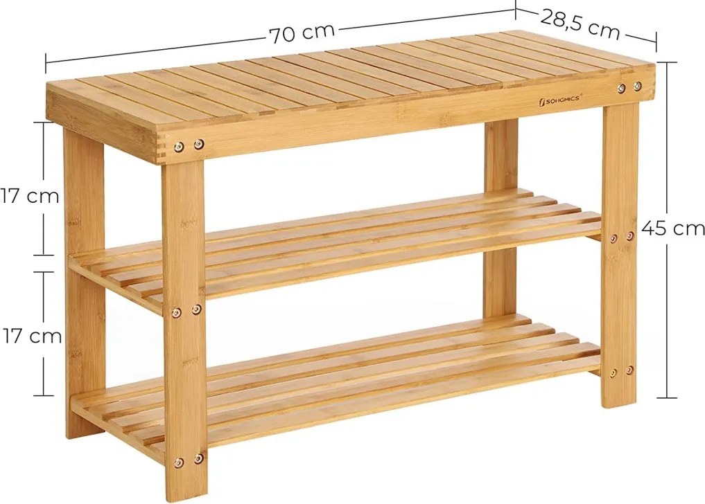 Bambusz cipőtároló polc 3 szintes, natúr 70x28x45cm