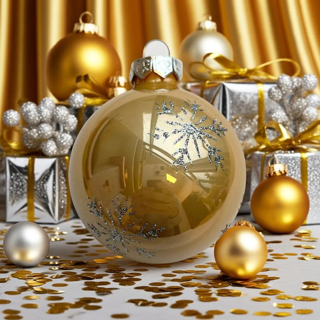 Gold snowflake pezsgőszínű kézzel festett üveg karácsonyi gömb szett 6*7cm