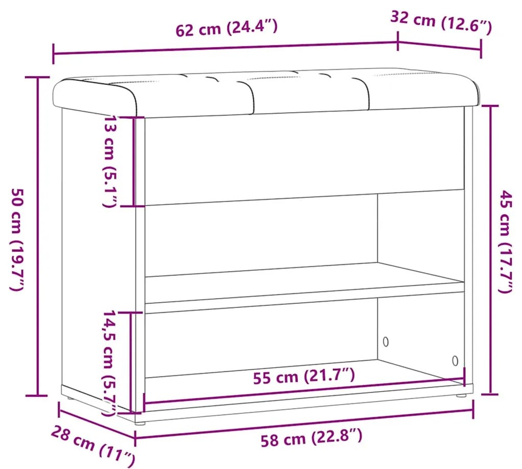 kézműves tölgy szerelt fa cipőtároló pad 62x32x50 cm