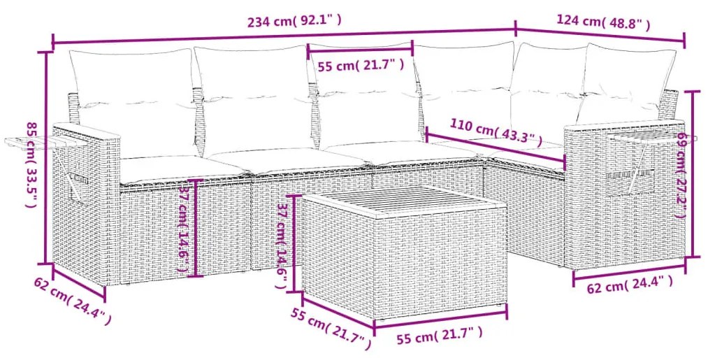 6 részes fekete polyrattan kerti ülőgarnitúra párnákkal