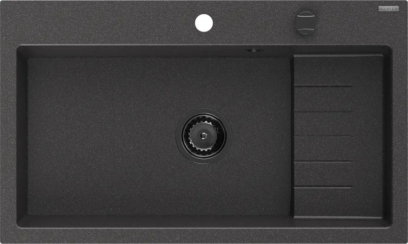 Mexen Omar egymedencés gránit mosogató 800 x 480 mm, fekete spriccelt, fekete szifon - 6520801005-76-B