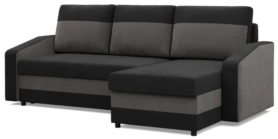 Hewlet sarokkanapé, 2 ágyneműtartóval, szövet anyag, univerzális oldal, bonell töltet, fekete - szürke