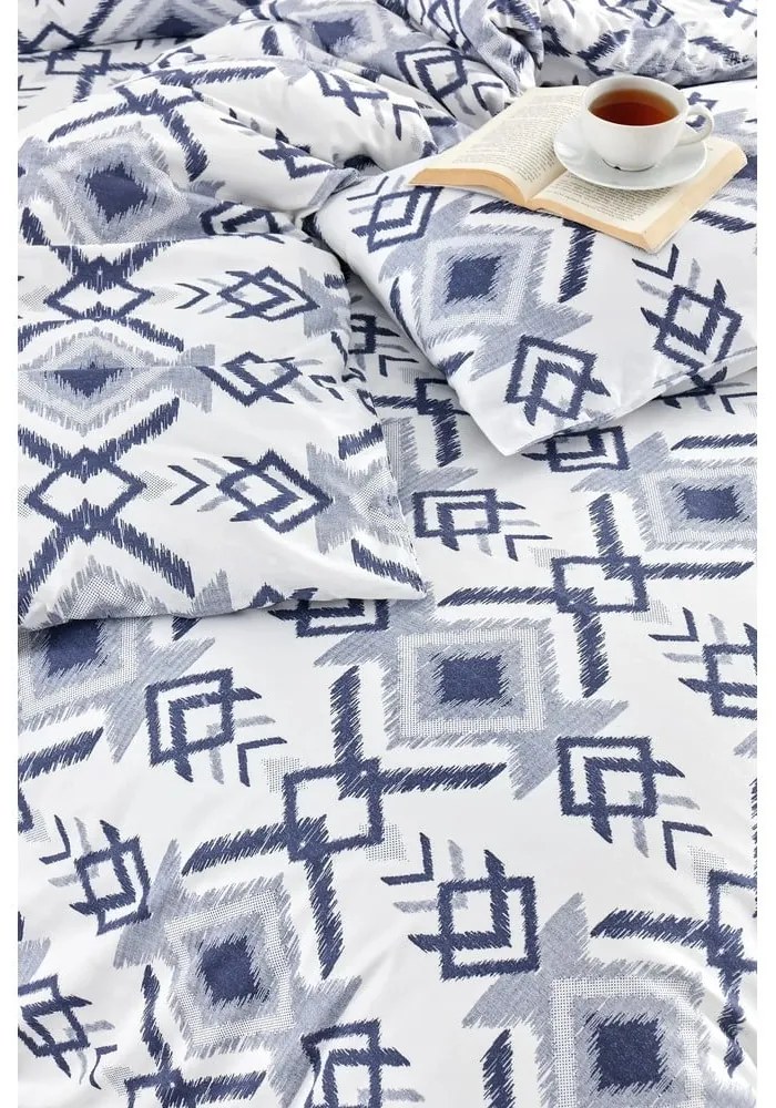 Fehér-kék négyrészes kétszemélyes hosszabbított ágyneműhuzat lepedővel 200x220 cm Geometric – Mila Home