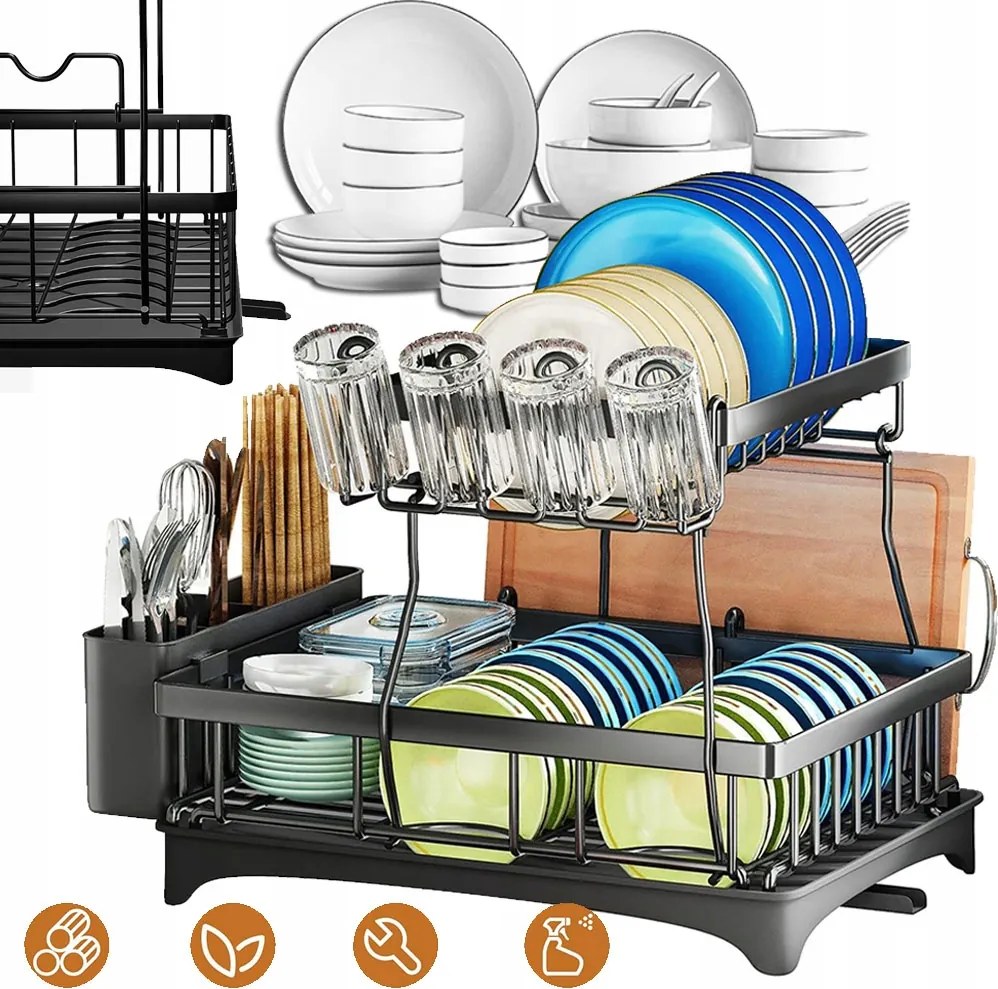 Edényszárító Álló Kétszintes Nagy Fekete Edénycsepegtető