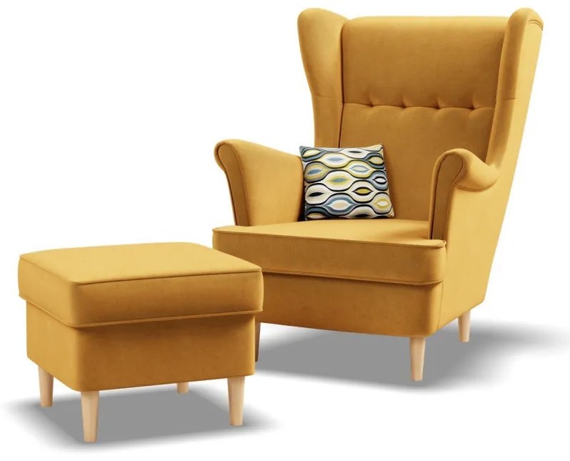 Uszak fotel, bársony, sárga
