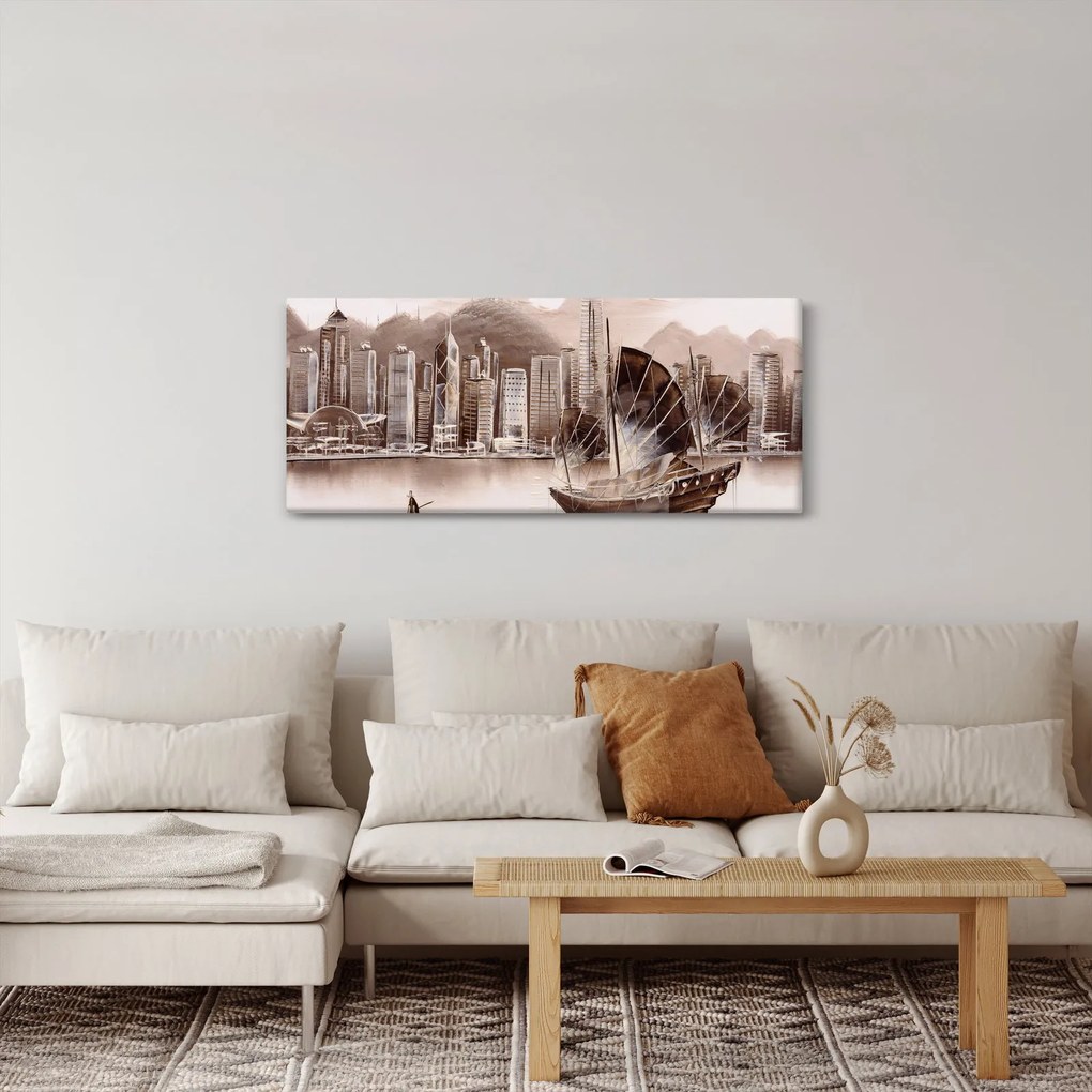 Kép - Victoria Harbour, Hong Kong, szépia hatás (120x50 cm)