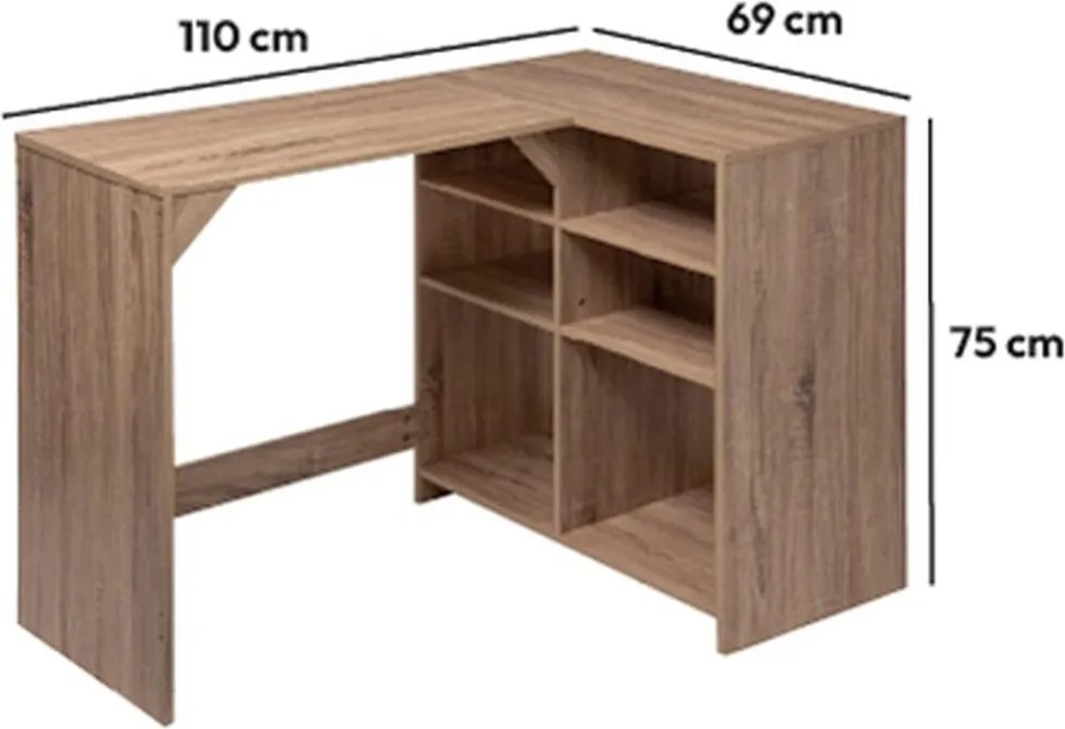 L alakú sarok íróasztal / számítógépasztal polcokkal 110x69cm, sonoma tölgy - Intenso Home