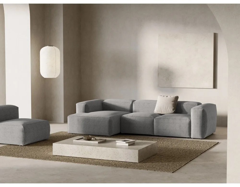 Világosszürke kordbársony sarokkanapé (bal oldali-heverő résszel) Bergamo – Cosmopolitan Design
