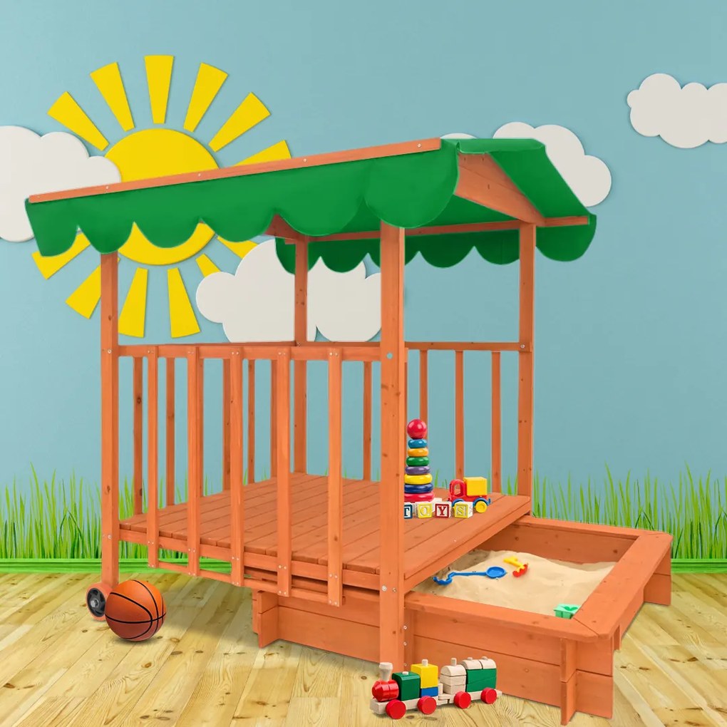 HAPPY verandás homokozó, 130x130x143cm, barna/zöld Jurhan