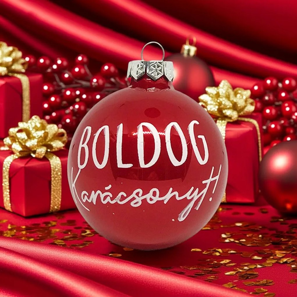 Piros Boldog karácsonyt feliratos kézzel festett karácsonyi üveggömb szett, 7 cm, 6 db