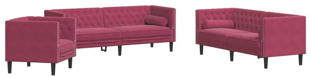 3 részes bordó bársony Chesterfield kanapészett hengerpárnákkal