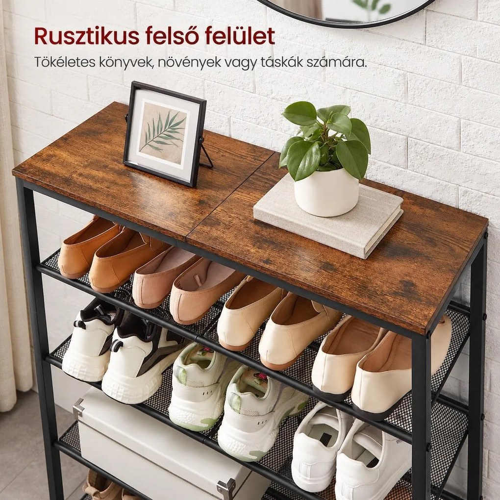 5 szintes cipőtartó 20–25 pár cipőhöz, 4 állítható hálós polccal, 75 x 28 x 93 cm, rusztikus barna és fekete