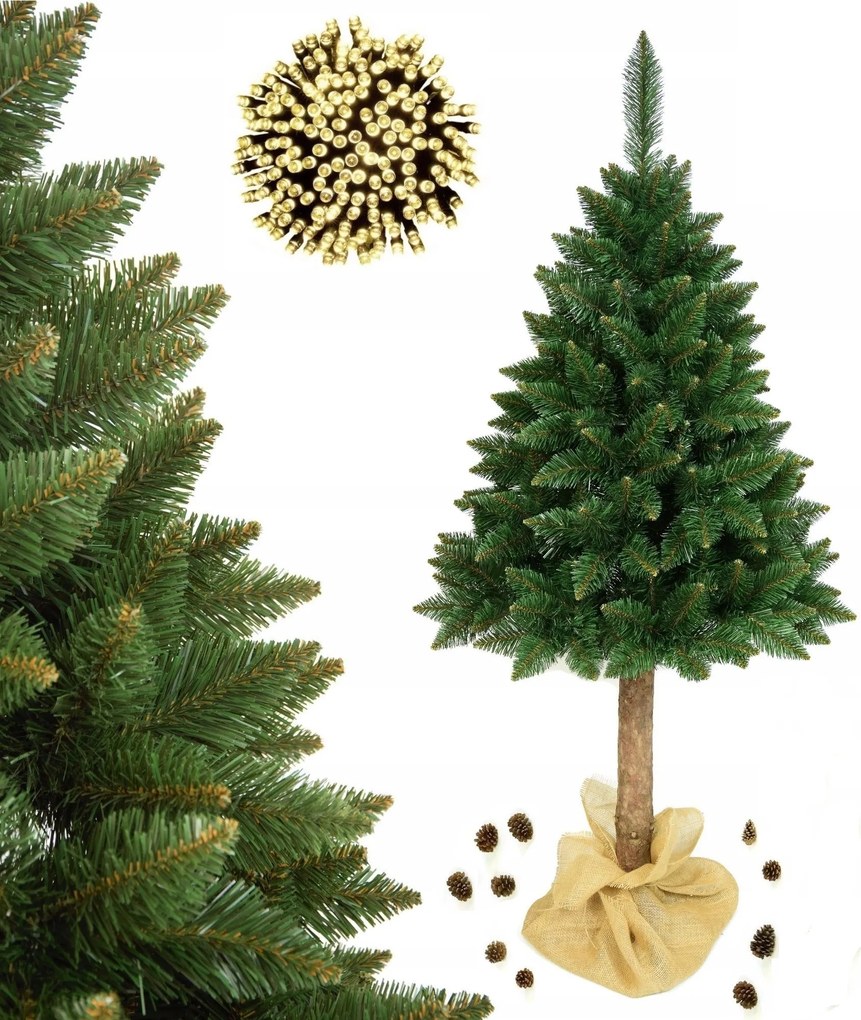 Karácsonyfa Műfenyő Természetes Törzs Hegyi Fenyő 180 cm Sűrű Ajándék Lámpa