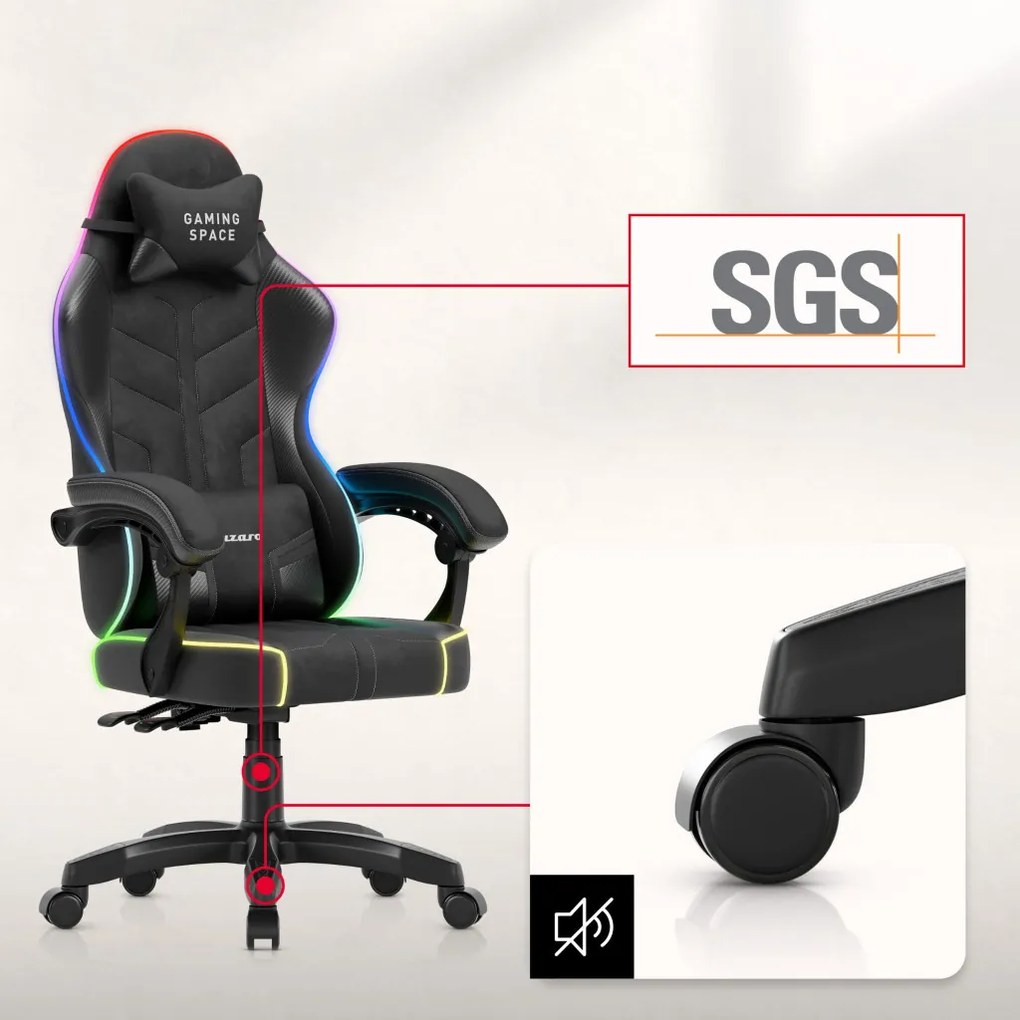 Gamer szék, forgó, ergonómikus, RGB világítással, fekete