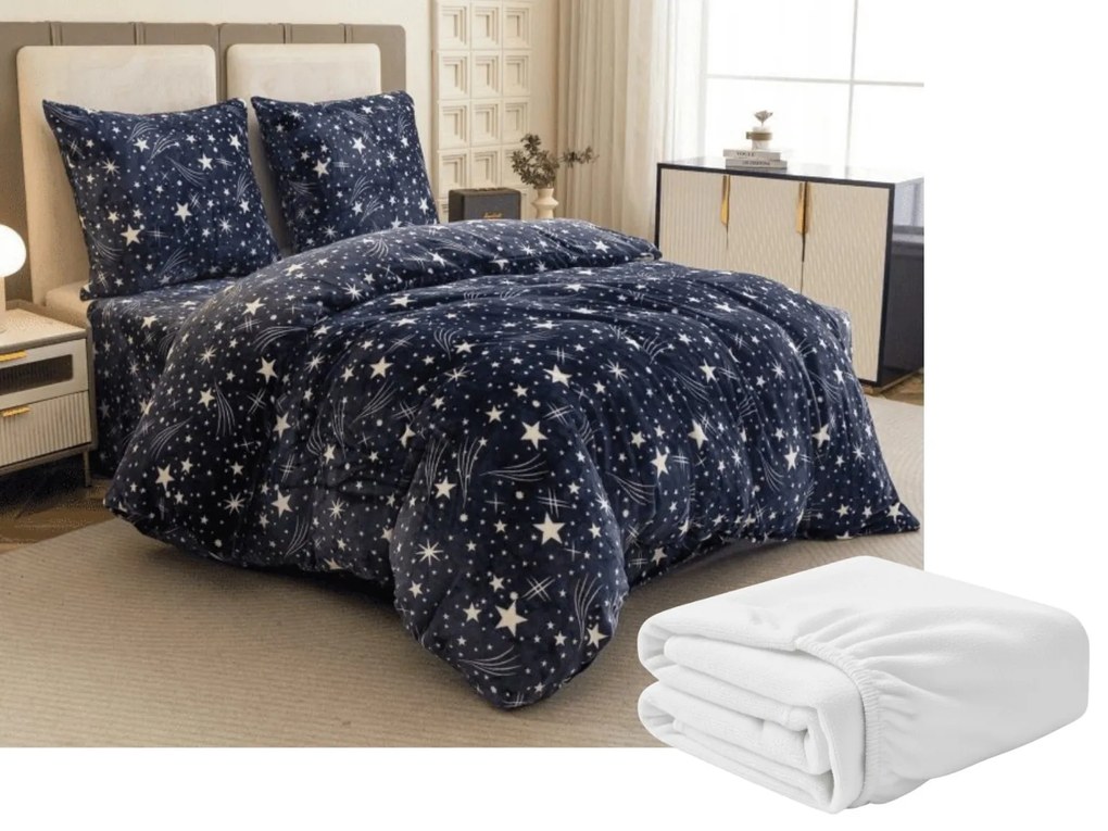 2 db Mikroplüss ágyneműhuzat STARLIGHT sötétkék + mikroplüss lepedő SOFT 180x200 cm fehér, franciaágyhoz