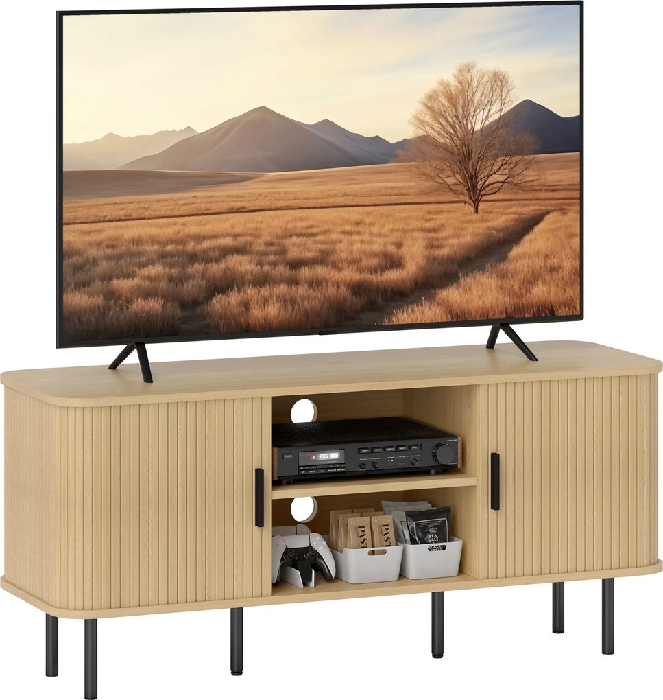 HOMCOM Vintage TV Állvány Nappali TV Szekrény 2 Csúszó Dobos Ajtóval 2 Nyitott Polccal 55-Inch TV-khez 120x40x55 cm Tölgy | Aosom