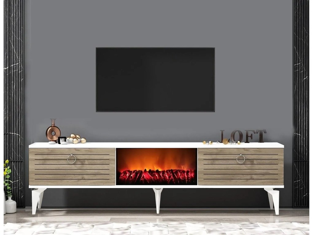 TV asztal/szekrény kandallóval Sulotu 2 (fehér + dió) . 1095518