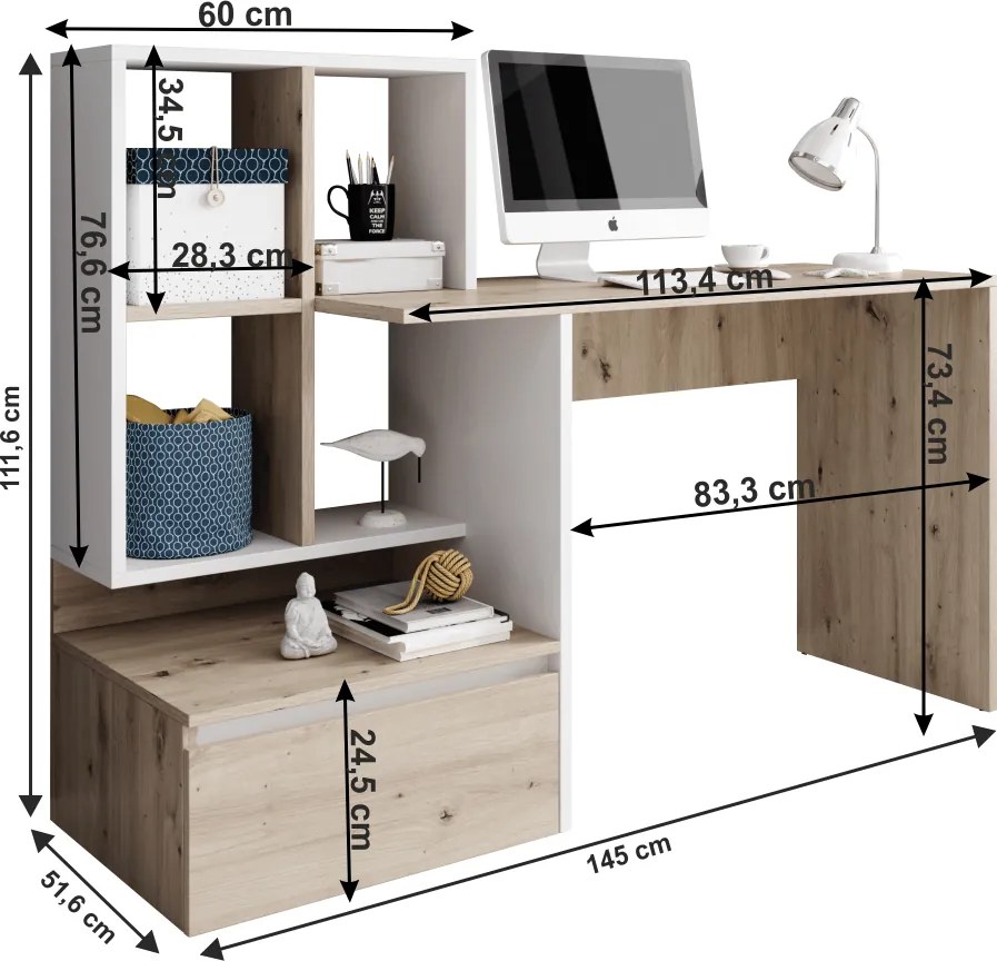 PC asztal, artisan tölgy/fehér matt, NEREO