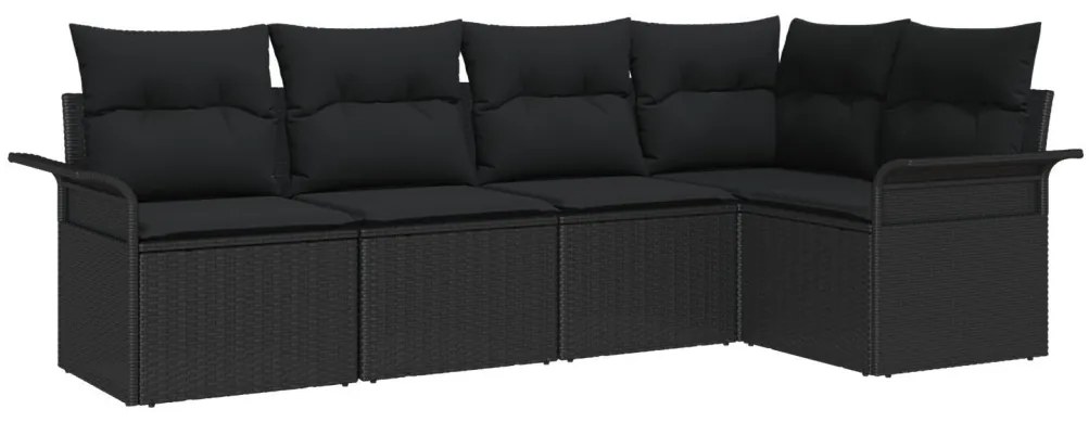 5 darabos kerti kanapészett párnákra fekete poli rattan, 2 személyes kerti kanapé tárolóval és párnákkal fekete poli rattan