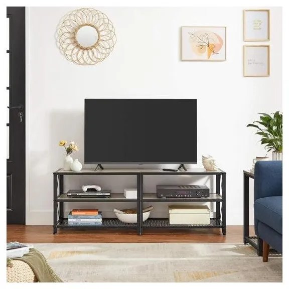 TV szekreny, TV-asztal polcokkal, acélkerettel, 140 x 52 x 39 cm, greige és fekete