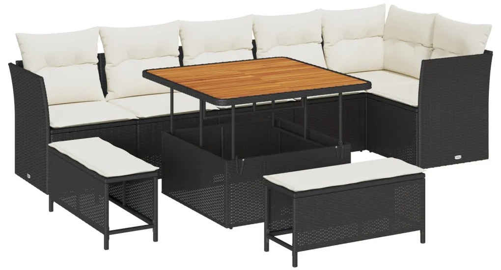 9 darabos kerti sofa szett párnákkal fekete poli rattan akáccal