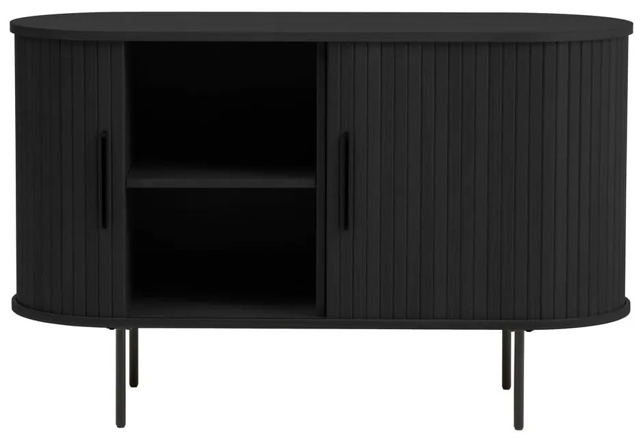 Fekete komód tolóajtóval, tölgyfa dekorral 120x76x45 cm Nola – Unique Furniture