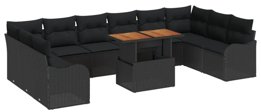 11 darabos kerti kanapé szett párnákkal fekete poly rattan, 2 fős kerti kanapé tárolóval és párnákkal fekete poly rattan