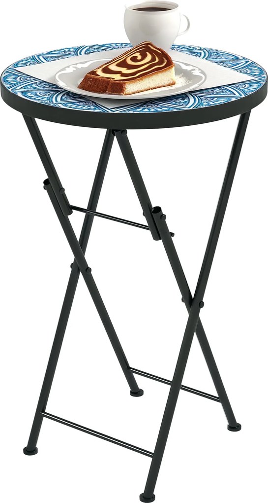 Outsunny Összecsukható Oldaltábla Kerti Asztal Mozaik Mintával, Ø35.5 x 55 cm Kerek Időjárásálló Fém Erkélyasztal, Kempingasztal Összecsukható Asztal